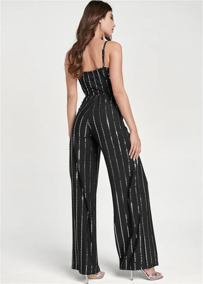 SEQUIN PINSTRIPE JUMPSUIT Black Women VENUS Occasion Jumpsuits and Rompers