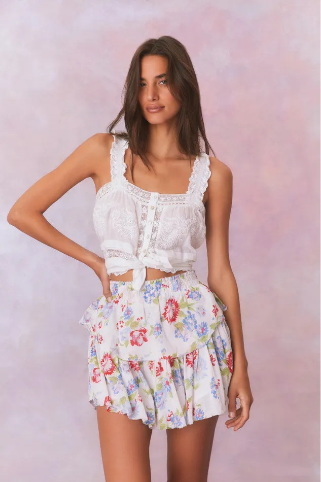 Skirts Women LoveShackFancy Ruffle Mini Floral Skirt White