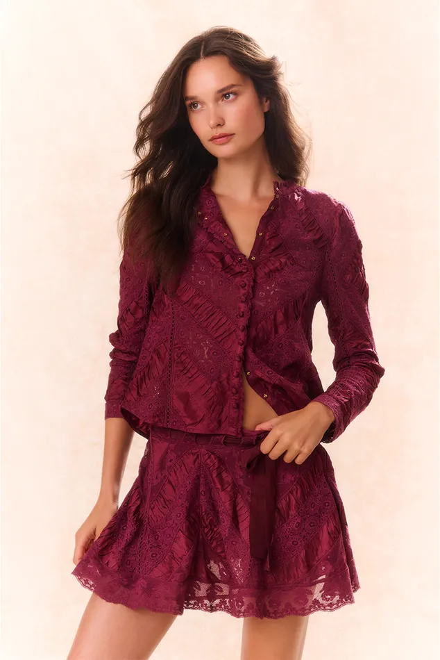 Skirts Women LoveShackFancy Shayda Lace Mini Skirt Oxblood