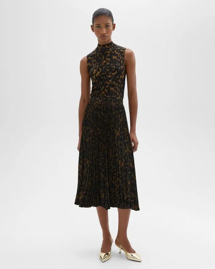 Skirts Women Theory Pleated Midi Skirt In Tortoiseshell Printed Georgette Dark Brown Multi