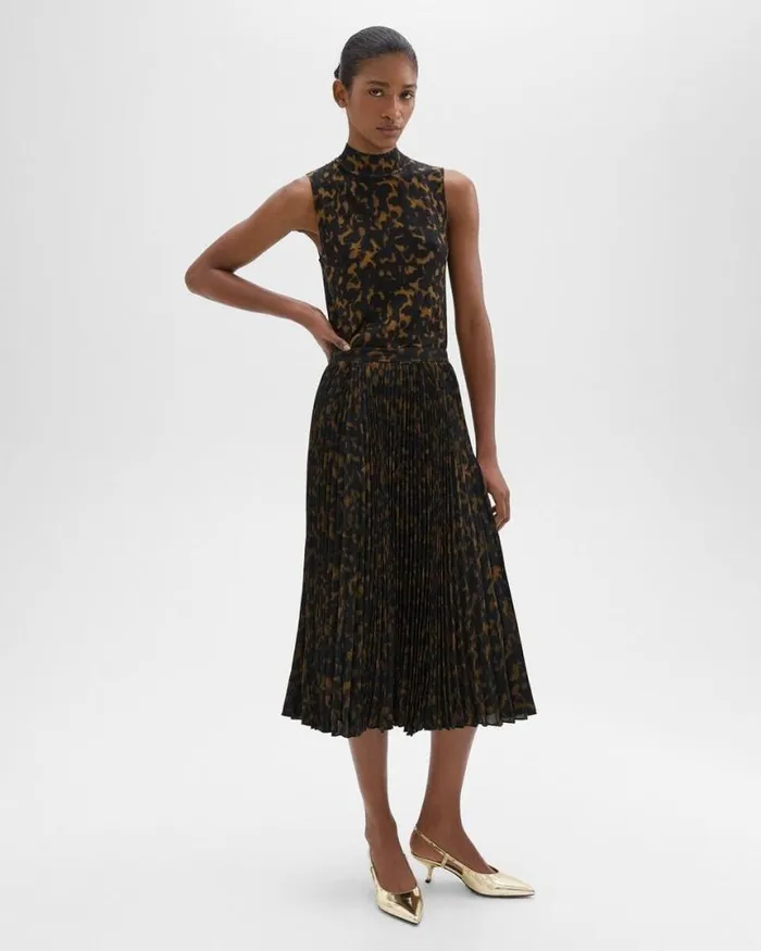 Skirts Women Theory Pleated Midi Skirt In Tortoiseshell Printed Georgette Dark Brown Multi Skirts Women Theory Pleated Midi Skirt In Tortoiseshell Printed Georgette Dark Brown Multi