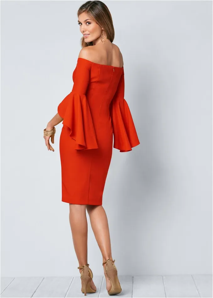 SLEEVE DETAIL DRESS Orange Women VENUS Midi Dresses