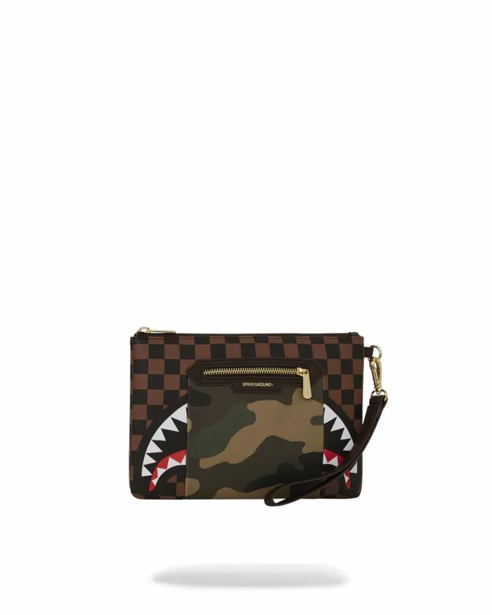 SPRAYGROUND EXTERIOR GOLD ZIP POCKET SHARKS IN PARIS CROSSOVER CLUTCH Bags