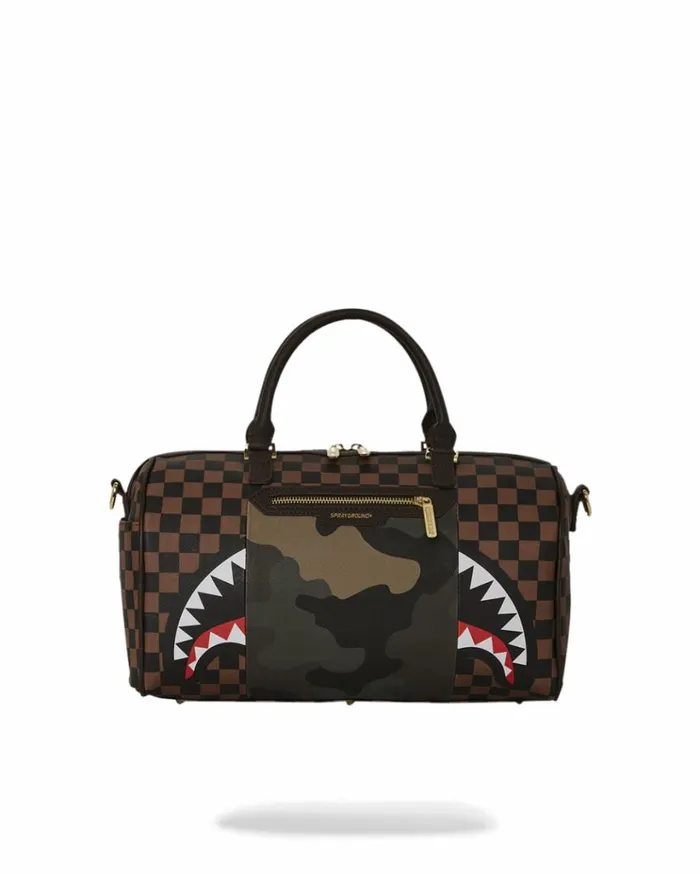 SPRAYGROUND EXTERIOR GOLD ZIP POCKET SHARKS IN PARIS MINI DUFFLE Bags