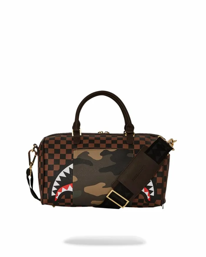 SPRAYGROUND EXTERIOR GOLD ZIP POCKET SHARKS IN PARIS MINI DUFFLE Bags