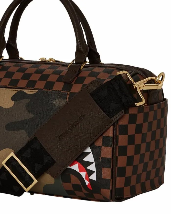 SPRAYGROUND EXTERIOR GOLD ZIP POCKET SHARKS IN PARIS MINI DUFFLE Bags