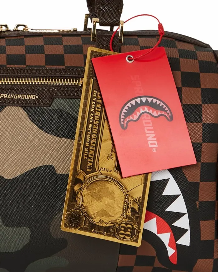 SPRAYGROUND EXTERIOR GOLD ZIP POCKET SHARKS IN PARIS MINI DUFFLE Bags