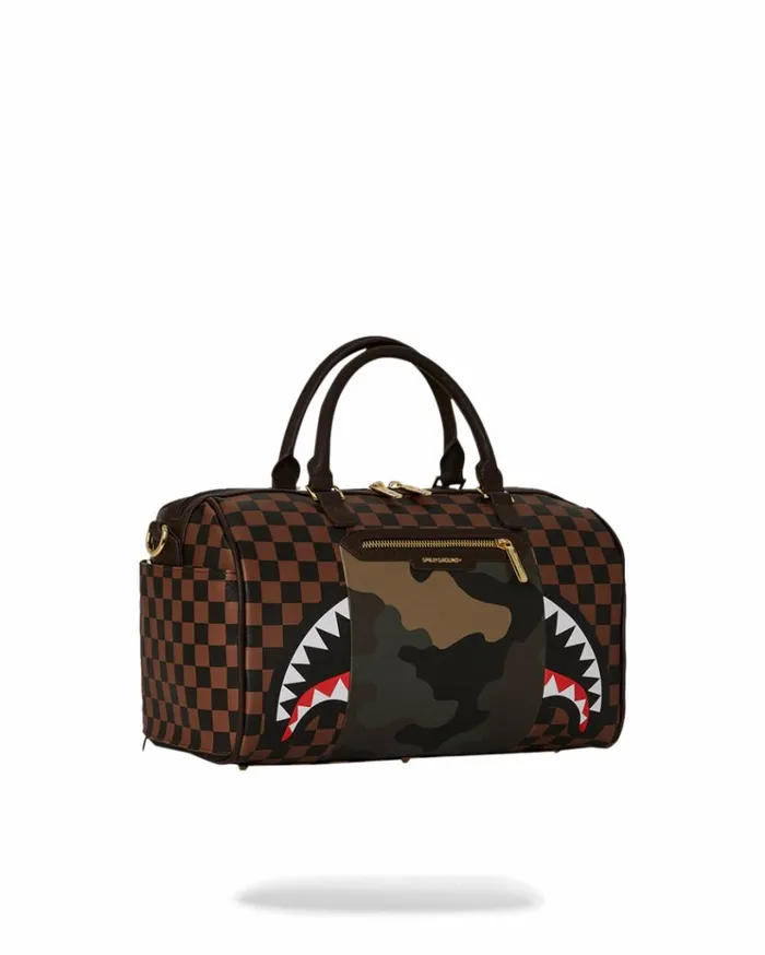 SPRAYGROUND EXTERIOR GOLD ZIP POCKET SHARKS IN PARIS MINI DUFFLE Bags