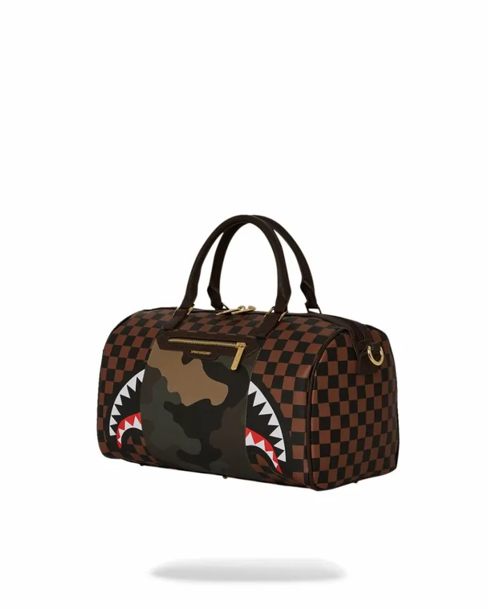 SPRAYGROUND EXTERIOR GOLD ZIP POCKET SHARKS IN PARIS MINI DUFFLE Bags