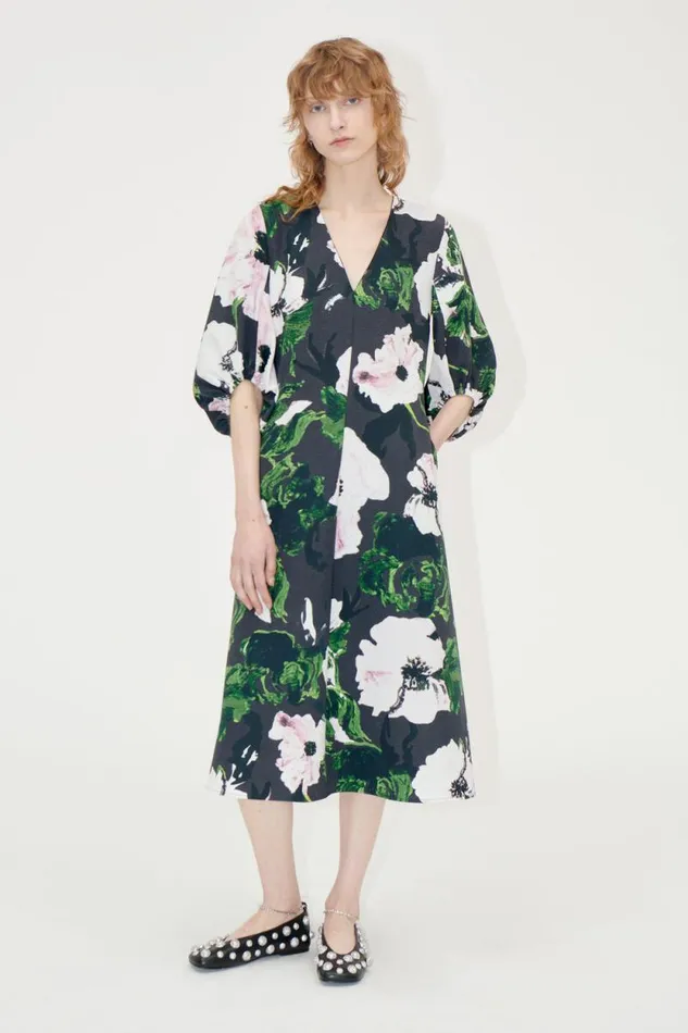 Stine Goya Dresses 34 Volume Sleeves Midi Dress 8211 Umber Windflower 8211 Women