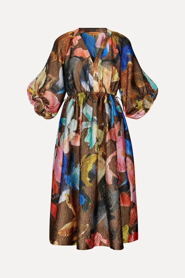 Stine Goya Dresses ThreeQuarter Sleeve Elasticated Midi Dress 8211 Aquarelle Garden 8211 Women