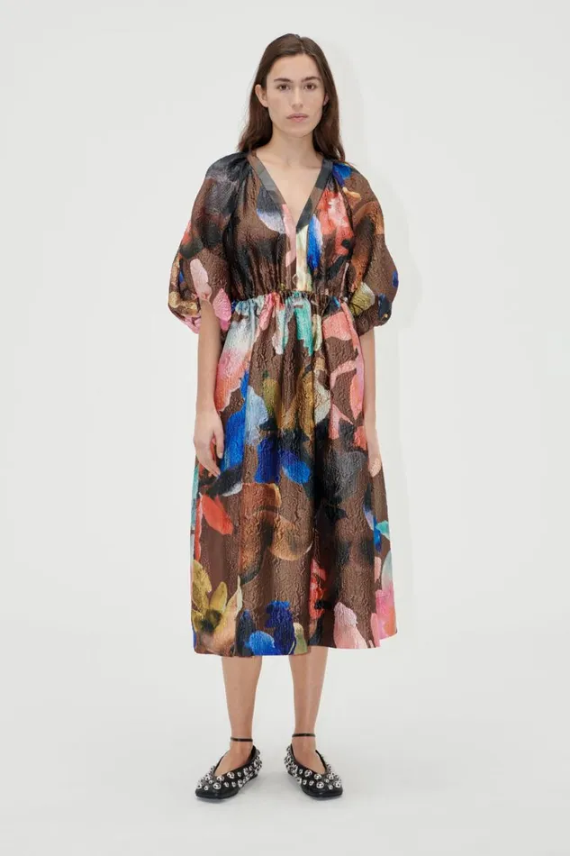 Stine Goya Dresses ThreeQuarter Sleeve Elasticated Midi Dress 8211 Aquarelle Garden 8211 Women