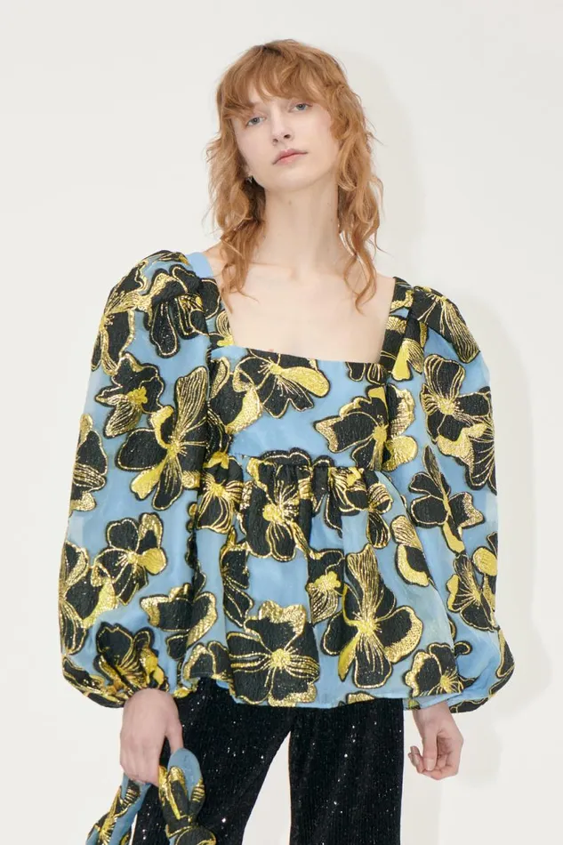 Stine Goya Tops and Shirts Square Neck Long Sleeve Top 8211 Blue Anemone Jacquard 8211 Women Stine Goya Tops and Shirts Square Neck Long Sleeve Top 8211 Blue Anemone Jacquard 8211 Women