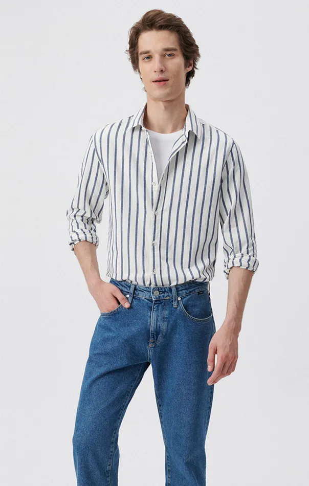 Striped ButtonUp Long Sleeve Shirt In Dark Denim White Stripe Men Mavi Jeans Shirts Striped ButtonUp Long Sleeve Shirt In Dark Denim White Stripe Men Mavi Jeans Shirts