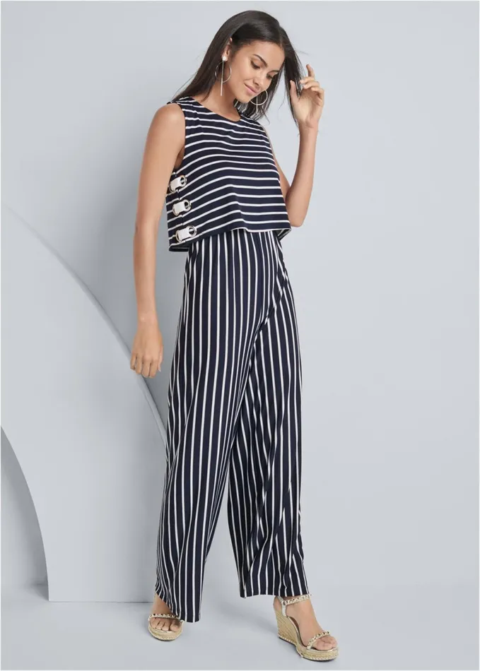 STRIPED GROMMET JUMPSUIT Navy and White Women VENUS Casual Jumpsuits and Rompers