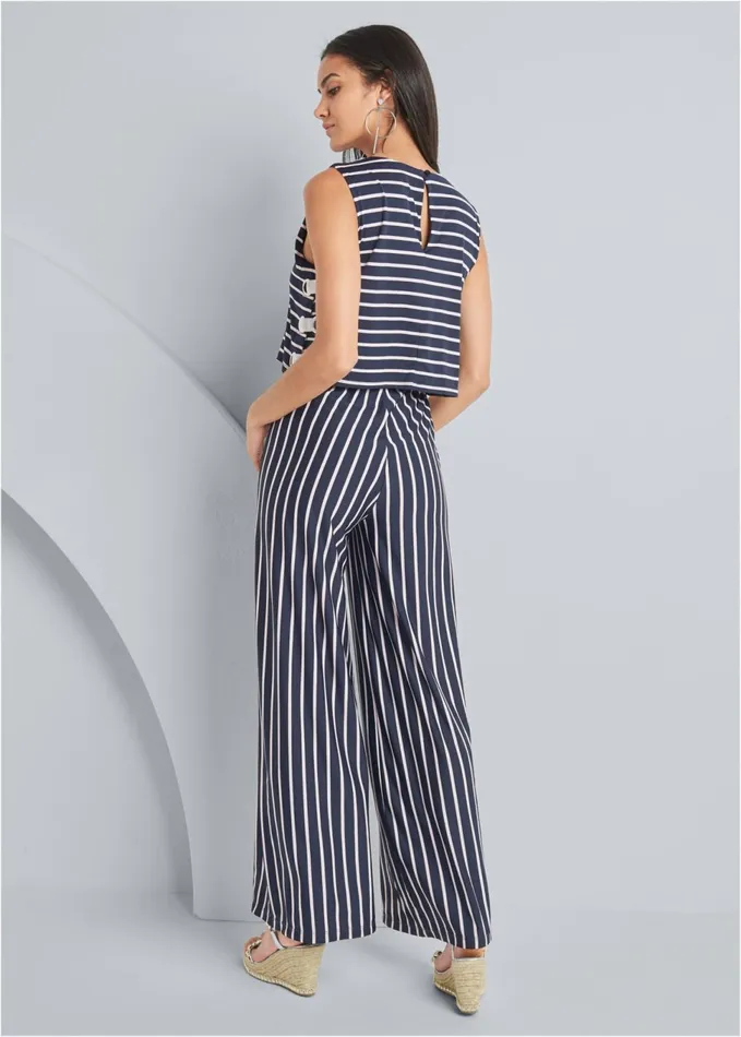 STRIPED GROMMET JUMPSUIT Navy and White Women VENUS Casual Jumpsuits and Rompers