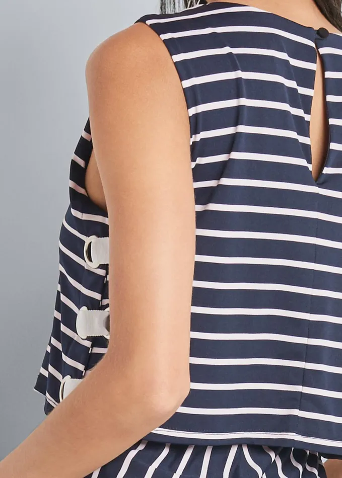 STRIPED GROMMET JUMPSUIT Navy and White Women VENUS Casual Jumpsuits and Rompers