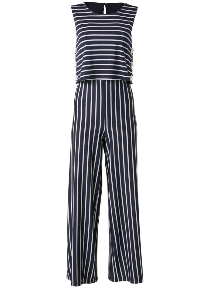 STRIPED GROMMET JUMPSUIT Navy and White Women VENUS Casual Jumpsuits and Rompers