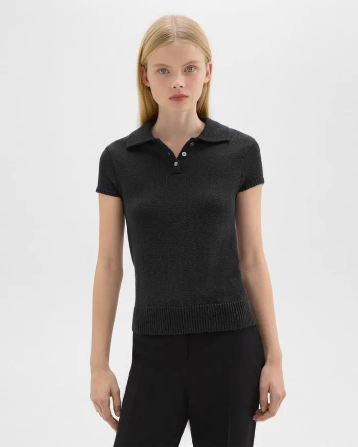 Sweaters Cardigans Women Theory Cap Sleeve Polo In CottonWool Boucl Black