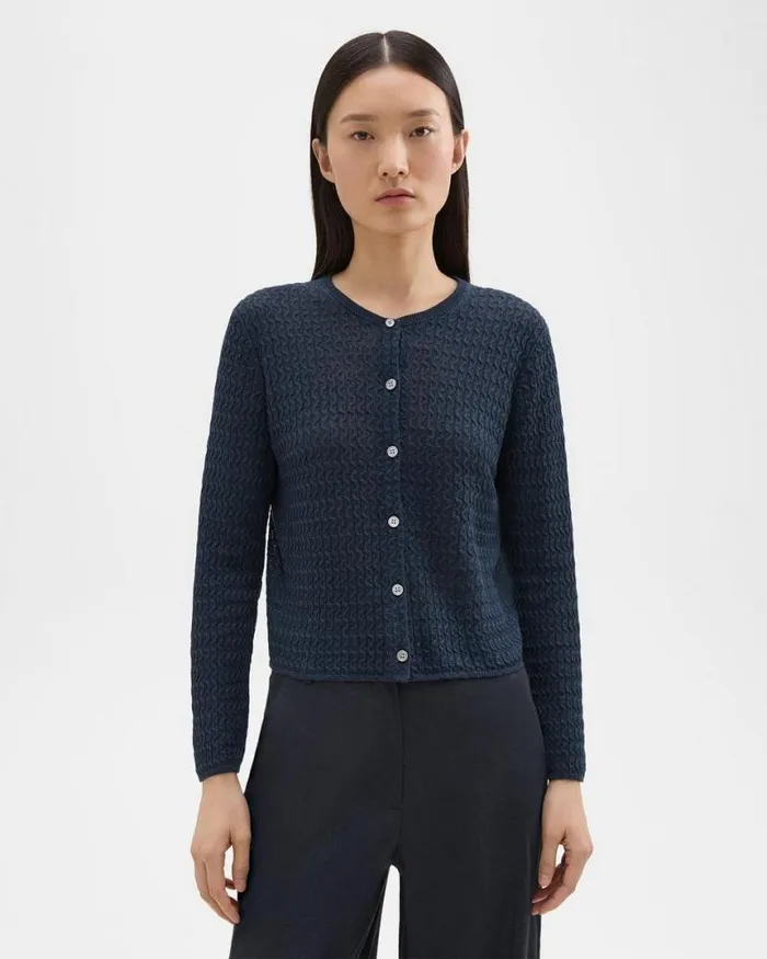 Sweaters Cardigans Women Theory Crewneck Cardigan In Cable Knit Linen Nocturne Navy Sweaters Cardigans Women Theory Crewneck Cardigan In Cable Knit Linen Nocturne Navy