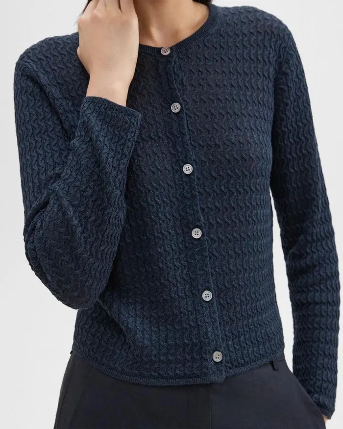 Sweaters Cardigans Women Theory Crewneck Cardigan In Cable Knit Linen Nocturne Navy Sweaters Cardigans Women Theory Crewneck Cardigan In Cable Knit Linen Nocturne Navy