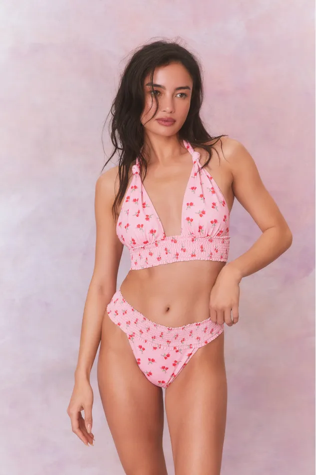 Swim Women LoveShackFancy Katya Cherry Halter Bikini Swim Set Cherry Pink