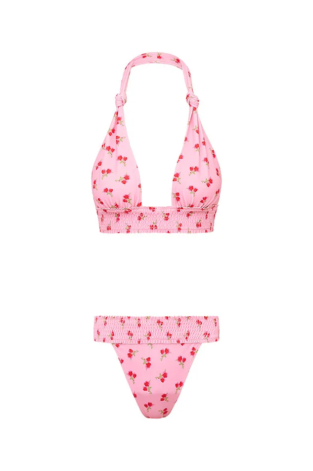 Swim Women LoveShackFancy Katya Cherry Halter Bikini Swim Set Cherry Pink
