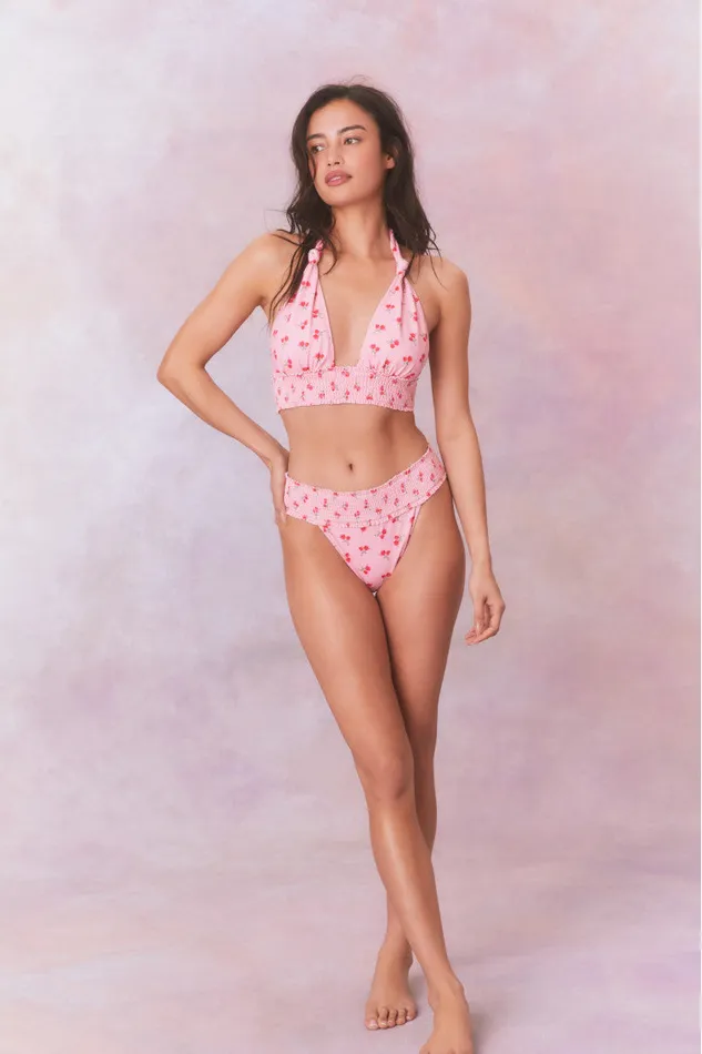 Swim Women LoveShackFancy Katya Cherry Halter Bikini Swim Set Cherry Pink
