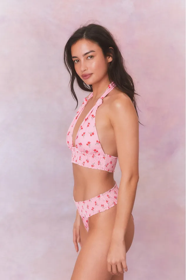 Swim Women LoveShackFancy Katya Cherry Halter Bikini Swim Set Cherry Pink