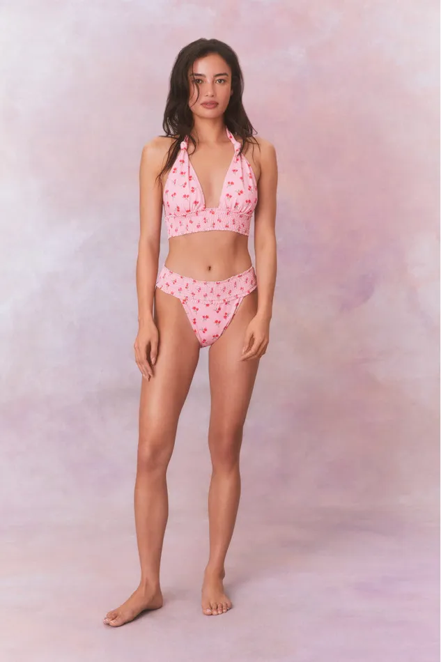 Swim Women LoveShackFancy Katya Cherry Halter Bikini Swim Set Cherry Pink