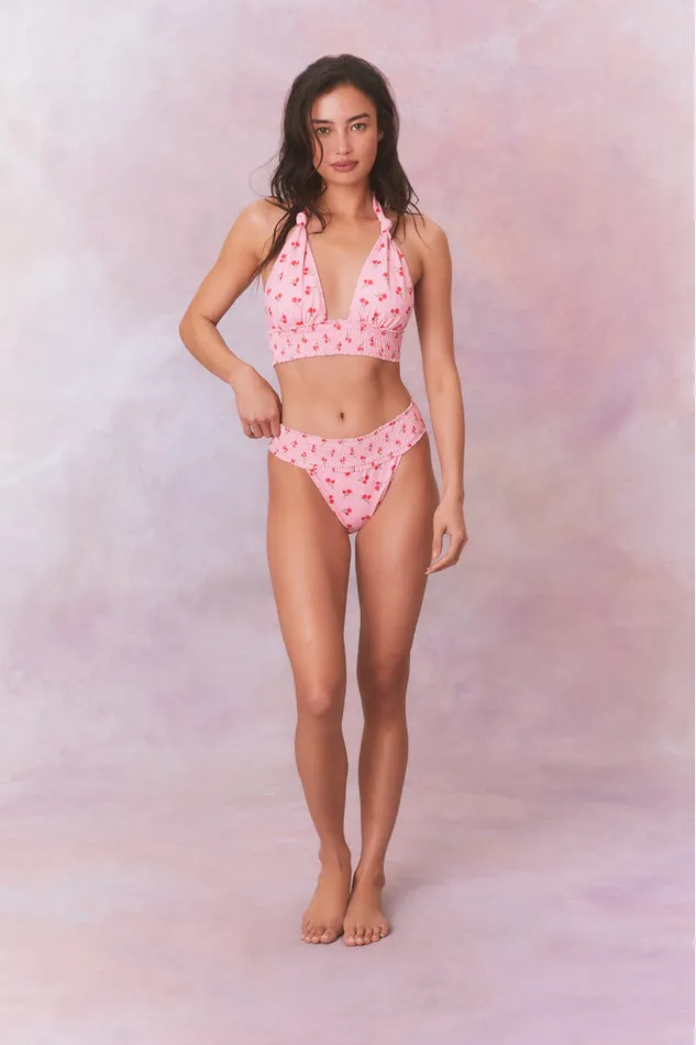 Swim Women LoveShackFancy Katya Cherry Halter Bikini Swim Set Cherry Pink