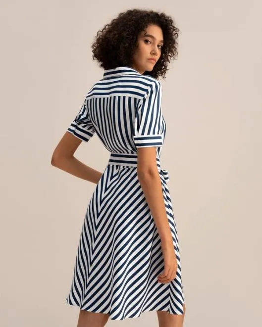 The Amalfi Stripe Silk Shirtdress With Belt Women Jumpsuits Lilysilk Dresses