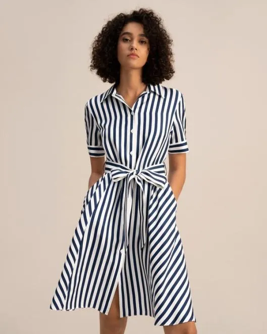 The Amalfi Stripe Silk Shirtdress With Belt Women Jumpsuits Lilysilk Dresses