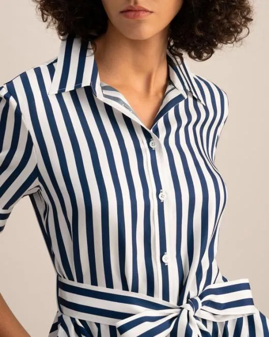 The Amalfi Stripe Silk Shirtdress With Belt Women Jumpsuits Lilysilk Dresses