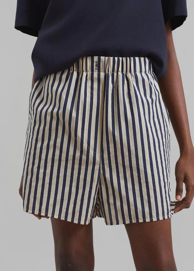 The Frankie Shop Bottoms Lui Textured Boxer Shorts 8211 BeigeNavy Multi Stripe 8211 Women