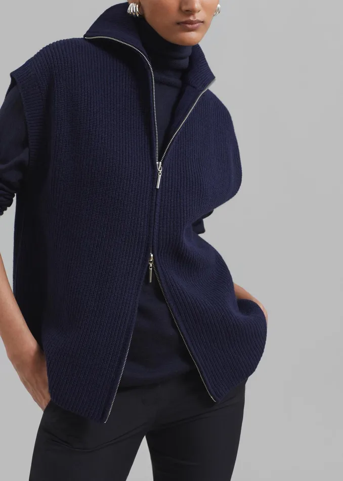 The Frankie Shop Knitwear Kellan Wool Blend Sleeveless Zip Turtleneck 8211 Navy 8211 Women