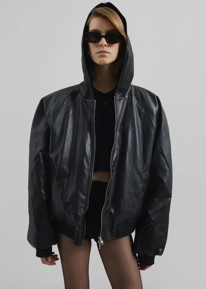 The Frankie Shop Outerwear Burnaby Faux Leather ZipUp Hoodie 8211 Black 8211 Women