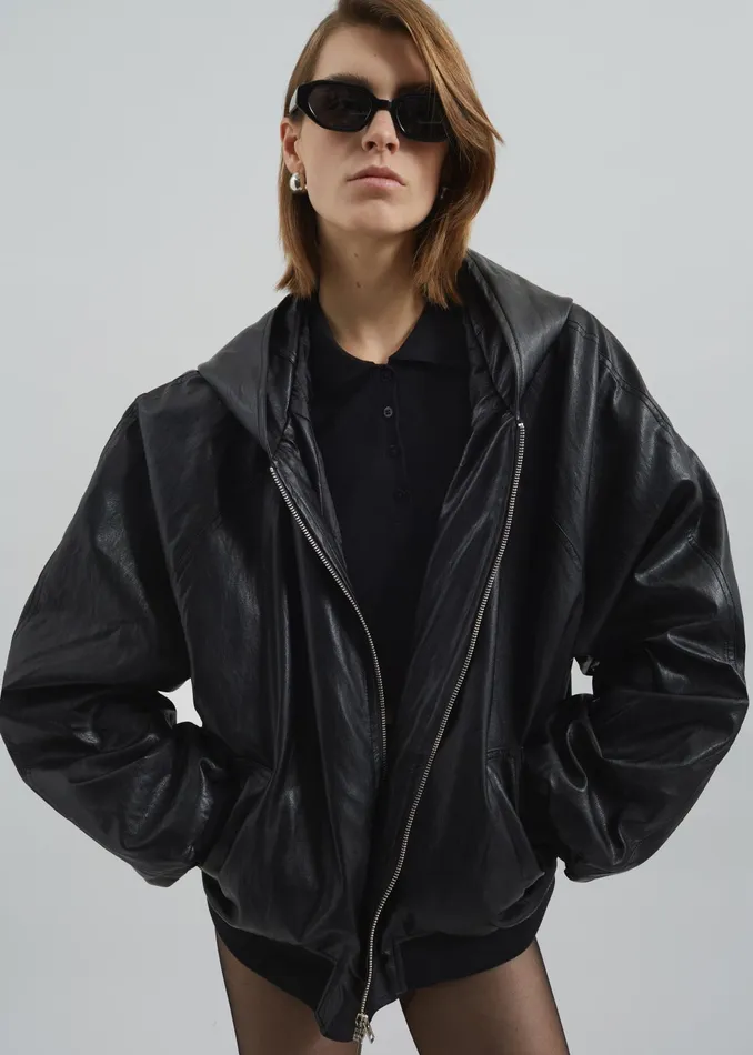 The Frankie Shop Outerwear Burnaby Faux Leather ZipUp Hoodie 8211 Black 8211 Women