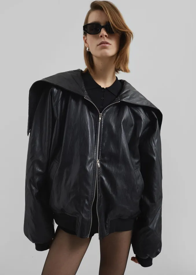The Frankie Shop Outerwear Burnaby Faux Leather ZipUp Hoodie 8211 Black 8211 Women