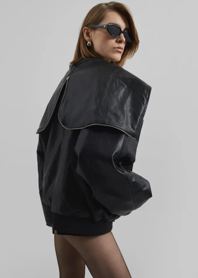 The Frankie Shop Outerwear Burnaby Faux Leather ZipUp Hoodie 8211 Black 8211 Women