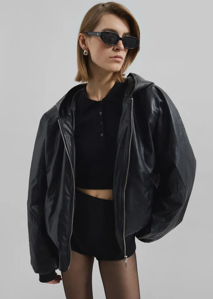 The Frankie Shop Outerwear Burnaby Faux Leather ZipUp Hoodie 8211 Black 8211 Women