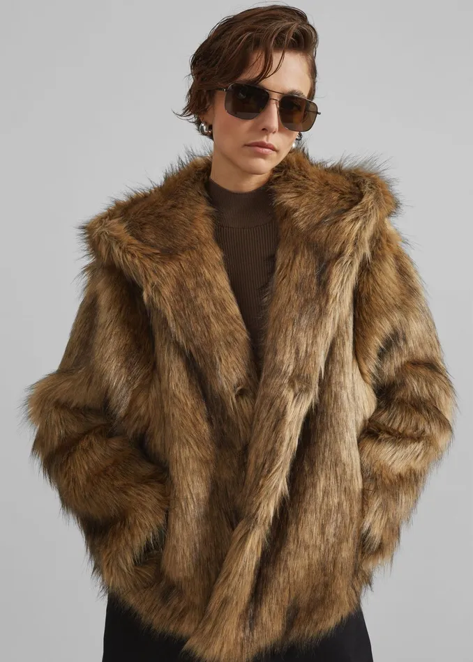 The Frankie Shop Outerwear Nivala Faux Fur Hooded Jacket 8211 Camel 8211 Women