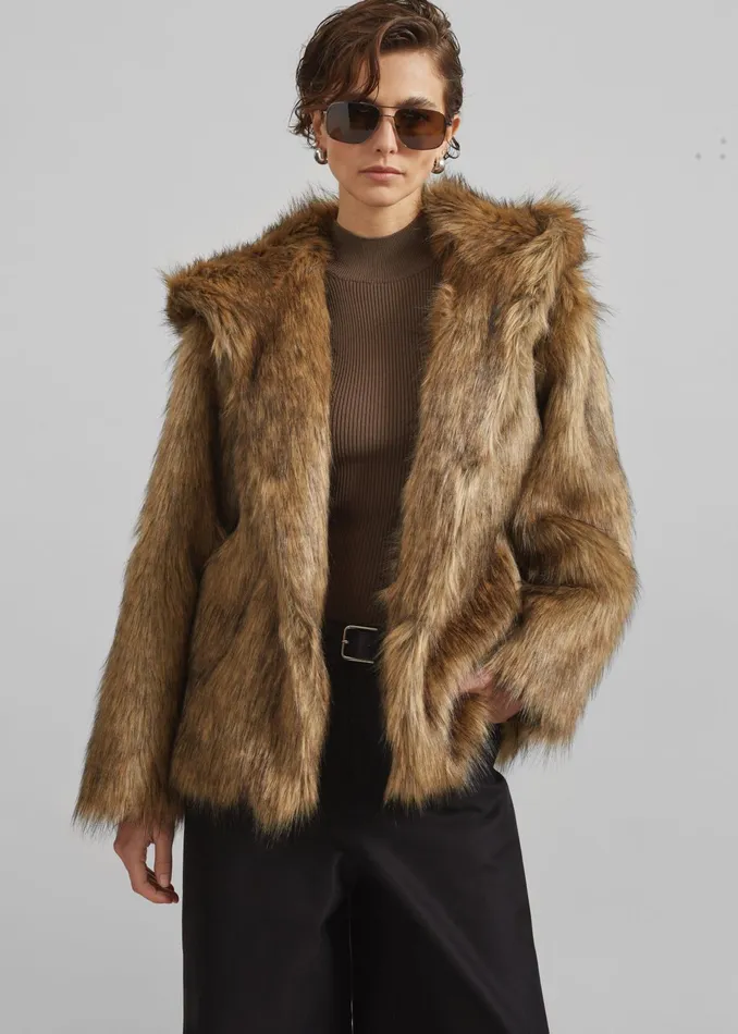 The Frankie Shop Outerwear Nivala Faux Fur Hooded Jacket 8211 Camel 8211 Women