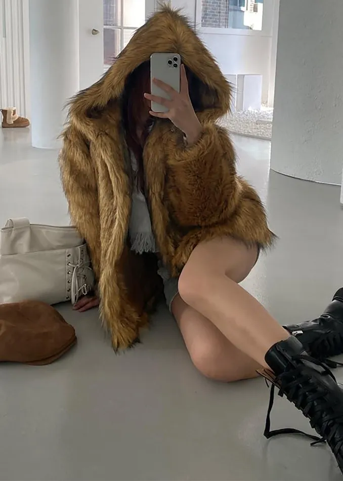 The Frankie Shop Outerwear Nivala Faux Fur Hooded Jacket 8211 Camel 8211 Women