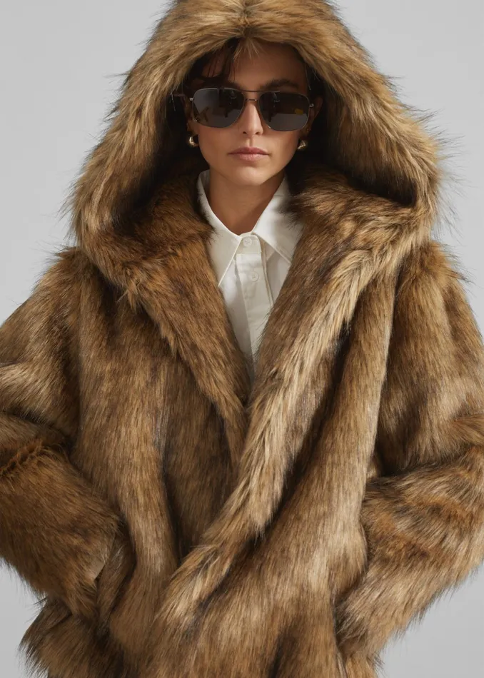 The Frankie Shop Outerwear Nivala Faux Fur Hooded Jacket 8211 Camel 8211 Women