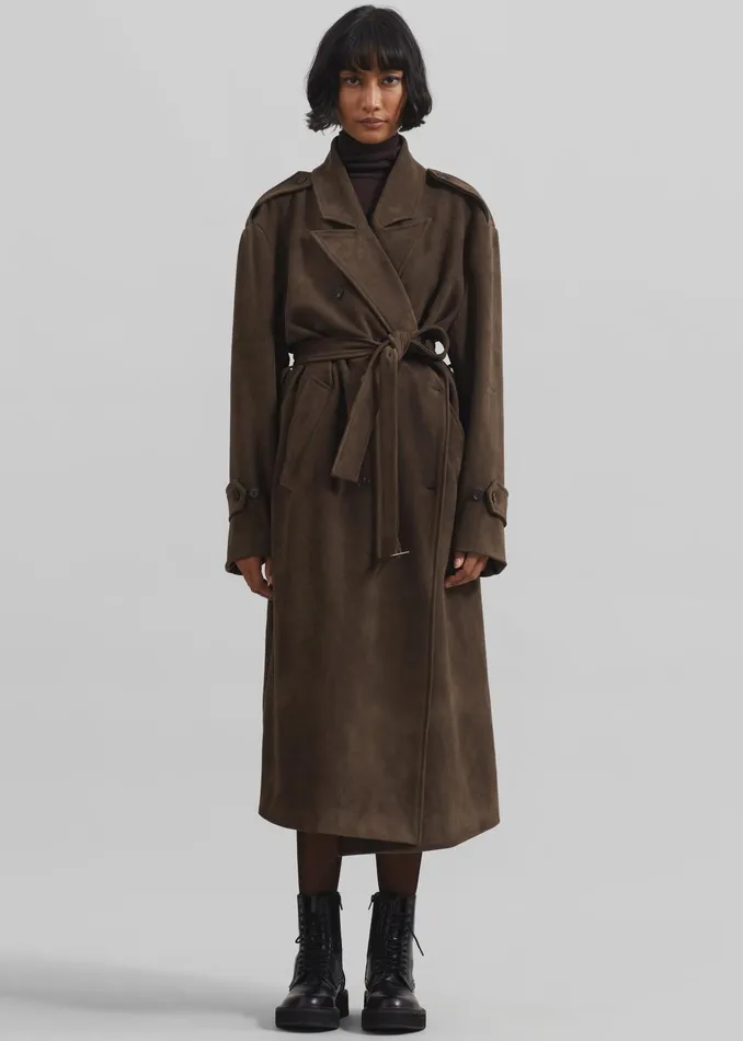 The Frankie Shop Outerwear Peoria Faux Suede Trench Coat 8211 Brown 8211 Women