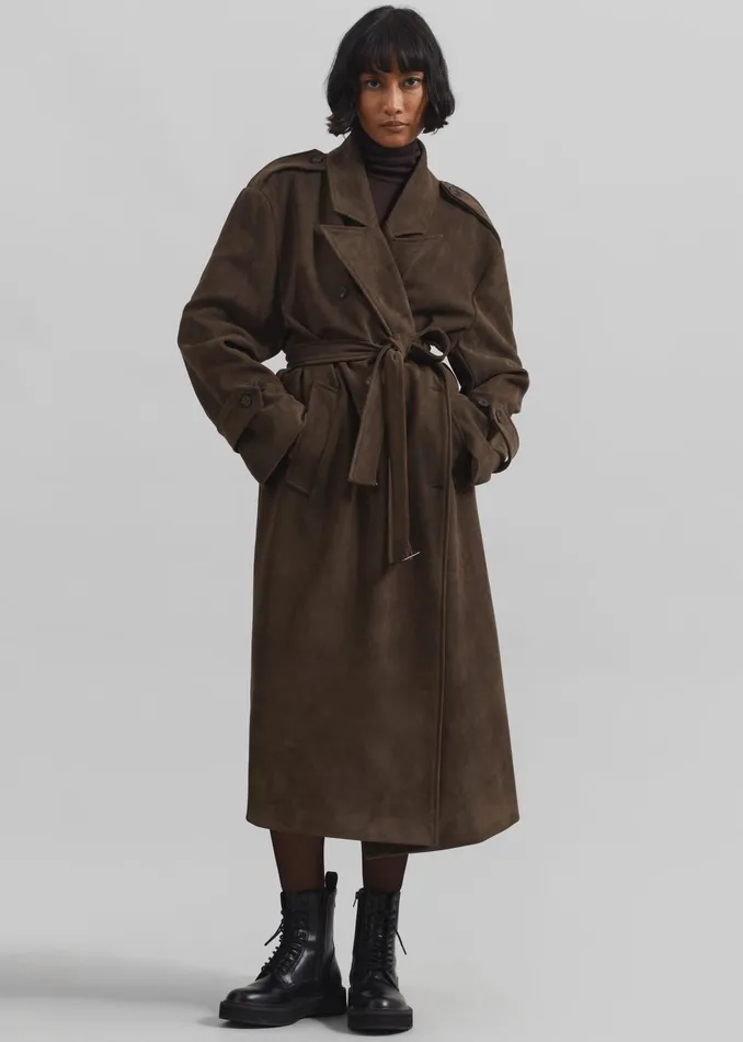 The Frankie Shop Outerwear Peoria Faux Suede Trench Coat 8211 Brown 8211 Women