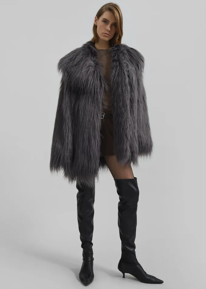 The Frankie Shop Outerwear Rotate Faux Fur Wide Collar Coat 8211 Gray Print 8211 Women