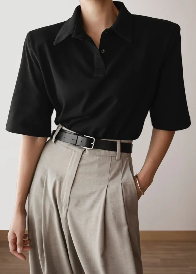 The Frankie Shop Tops Rane Padded Shoulder Polo 8211 Black 8211 Women