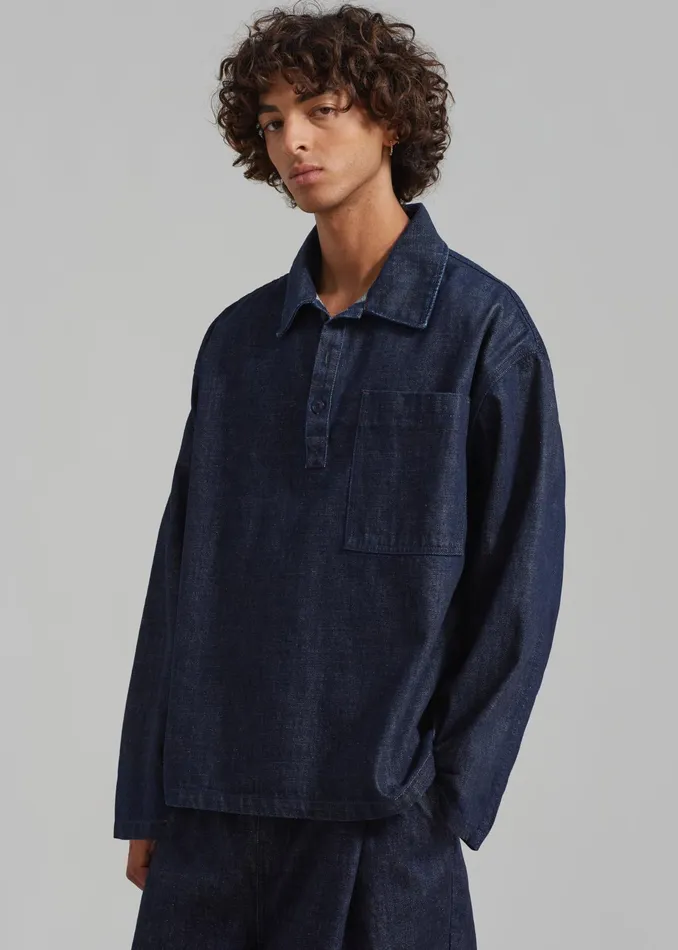The Frankie Shop Tops Ray Popover Denim Shirt 8211 Raw Wash 8211 Men